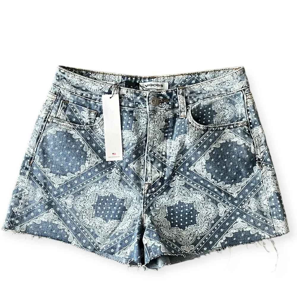 VIGOSS Bandana Print Raw Hem‎ nonstretch cotton Denim Shorts In Light Wash 27 - Picture 6 of 7